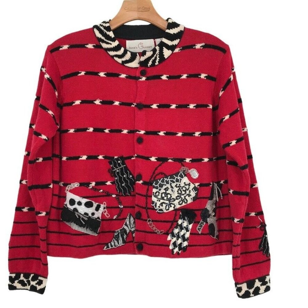 Jane's Closet Embellished Cardigan Sweater red purse high heel size small womens